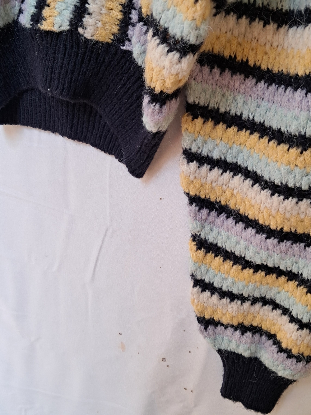 Zara ulti Color Striped Chunky Knit Cropped Sweater Crew Neck Pastel Black Boho - Picture 9 of 12